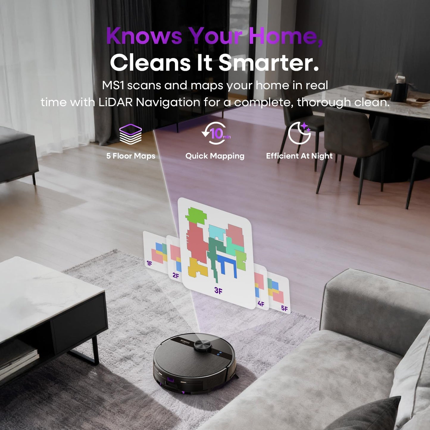 MONSGA MS1 Robot Vacuum Cleaner with Mop, 7000Pa Robotic Vacuum with Lidar Navigation, 180mins Runtime, 5 Editable Maps, APP/Remote/Voice Control, Ideal for Hard Floors and Carpets