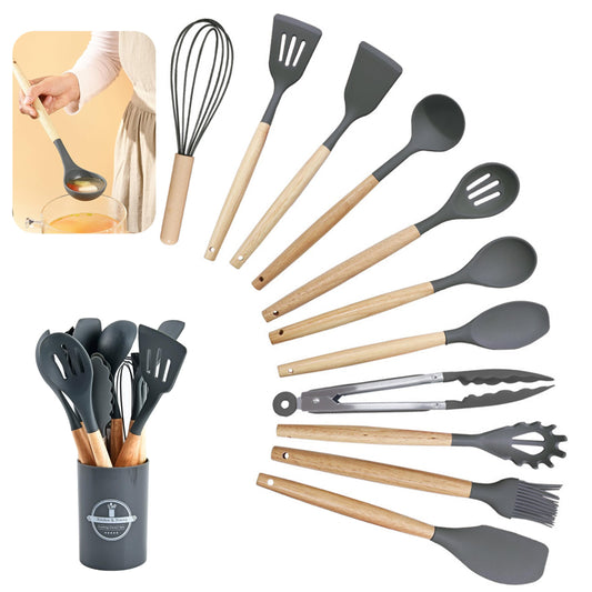 Kitchen Utensil Set, 12 PCS Silicone Cooking Utensils Set with Wooden Handle, Heat Resistant, Nonstick Cookware Tongs Spatula Spoon Set, Silicone Kitchen Utensils Set Suitable for Kitchen(Dark Grey)