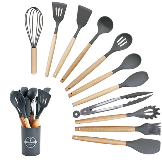 Kitchen Utensil Set, 12 PCS Silicone Cooking Utensils Set with Wooden Handle, Heat Resistant, Nonstick Cookware Tongs Spatula Spoon Set, Silicone Kitchen Utensils Set Suitable for Kitchen(Dark Grey)